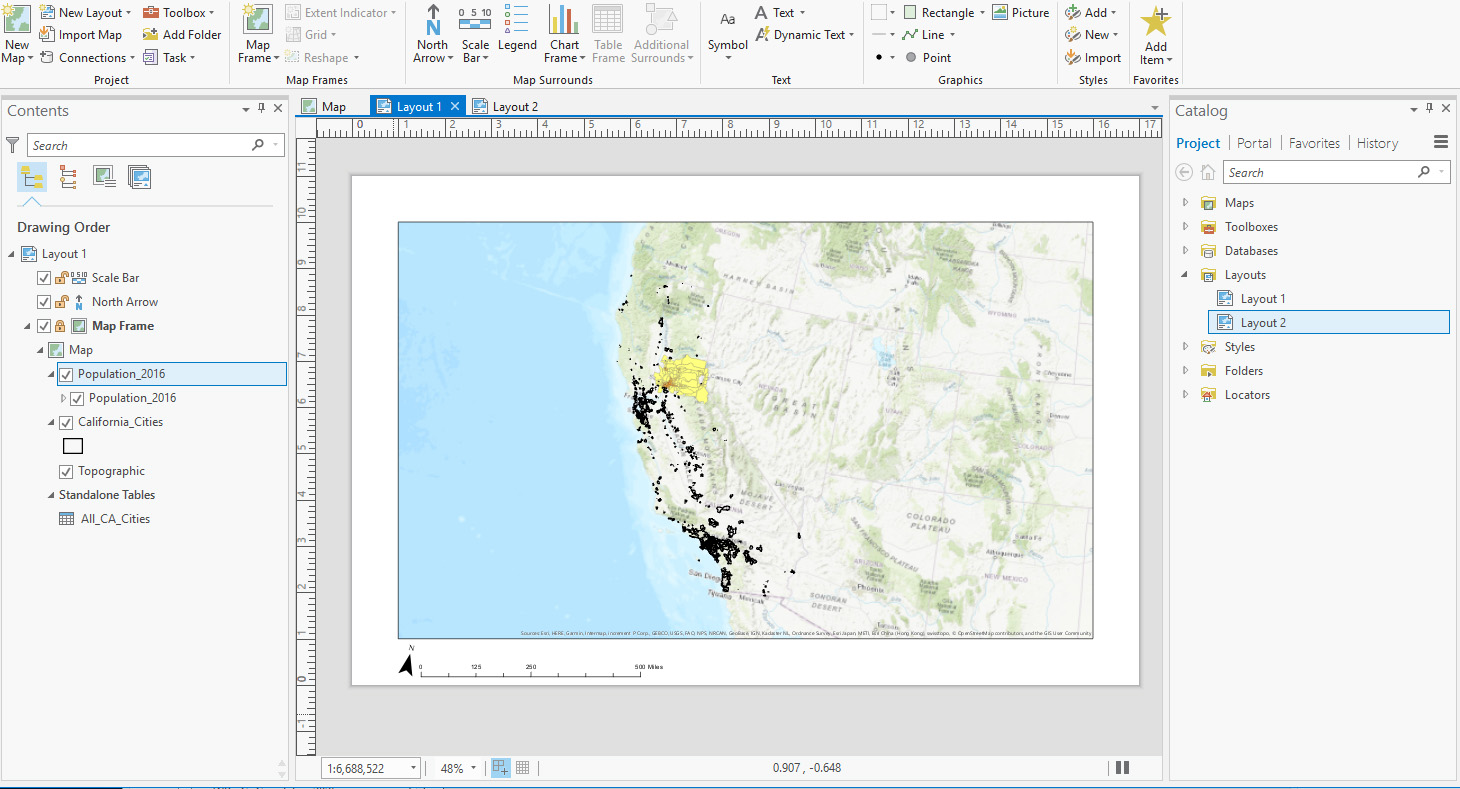 Here is Layout 1 with 2 feature layers turned on